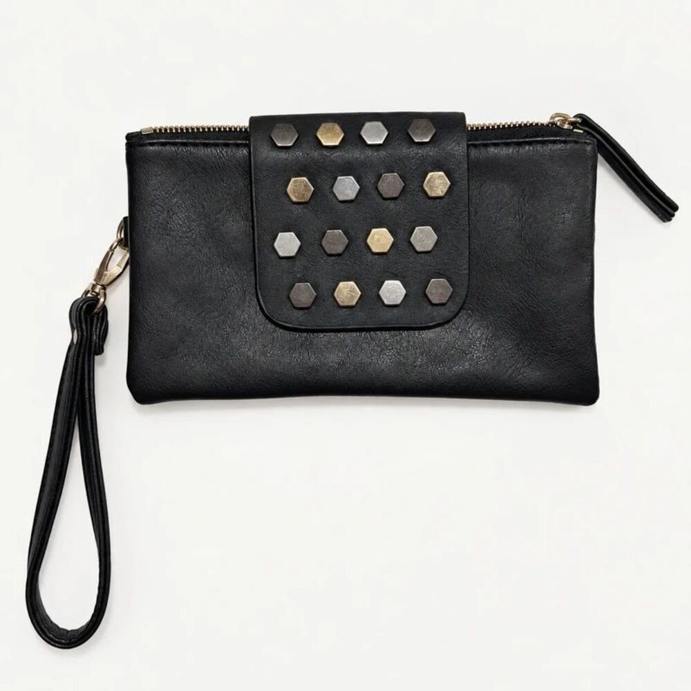 Olivia Miller Black Studded Wristlet Clutch Leopard Lining